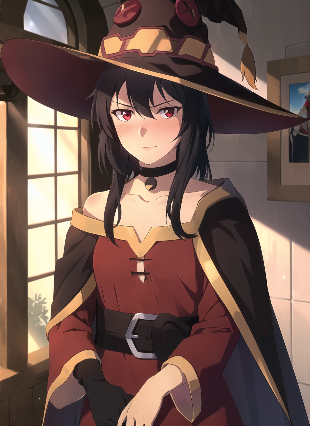 3978527212-2071260464-witcher, masterpiece, best quality, megumin, 1girl, bare shoulders, black cape, black gloves, black hair, blush, cape, choker, c.png